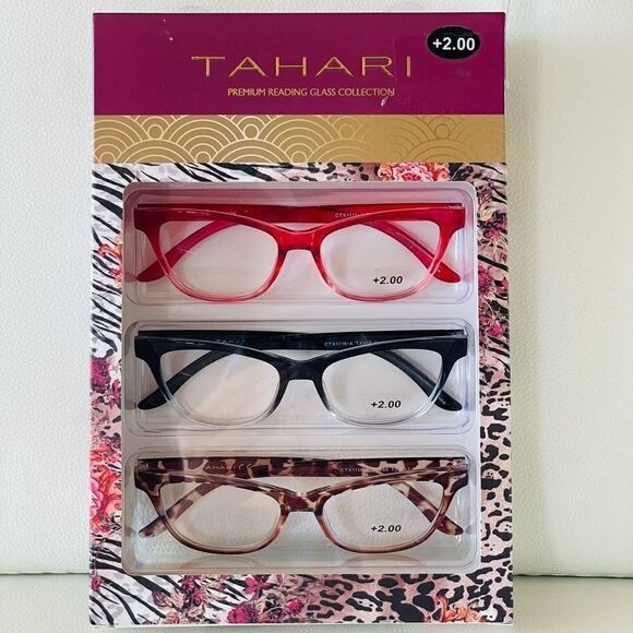 NWT 3 Pack 2.00 TAHARI Premium Eye Reading Glasses Black, Pink & Brown Animal Pr main image 4